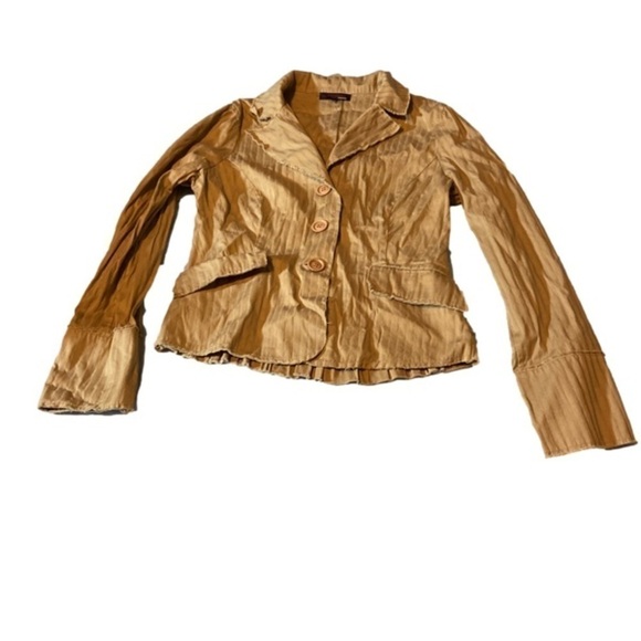 Six Degrees Of Separation Tan Blazer Blouse Button Up Ruffle Back Rough Hem Larg - Picture 2 of 7